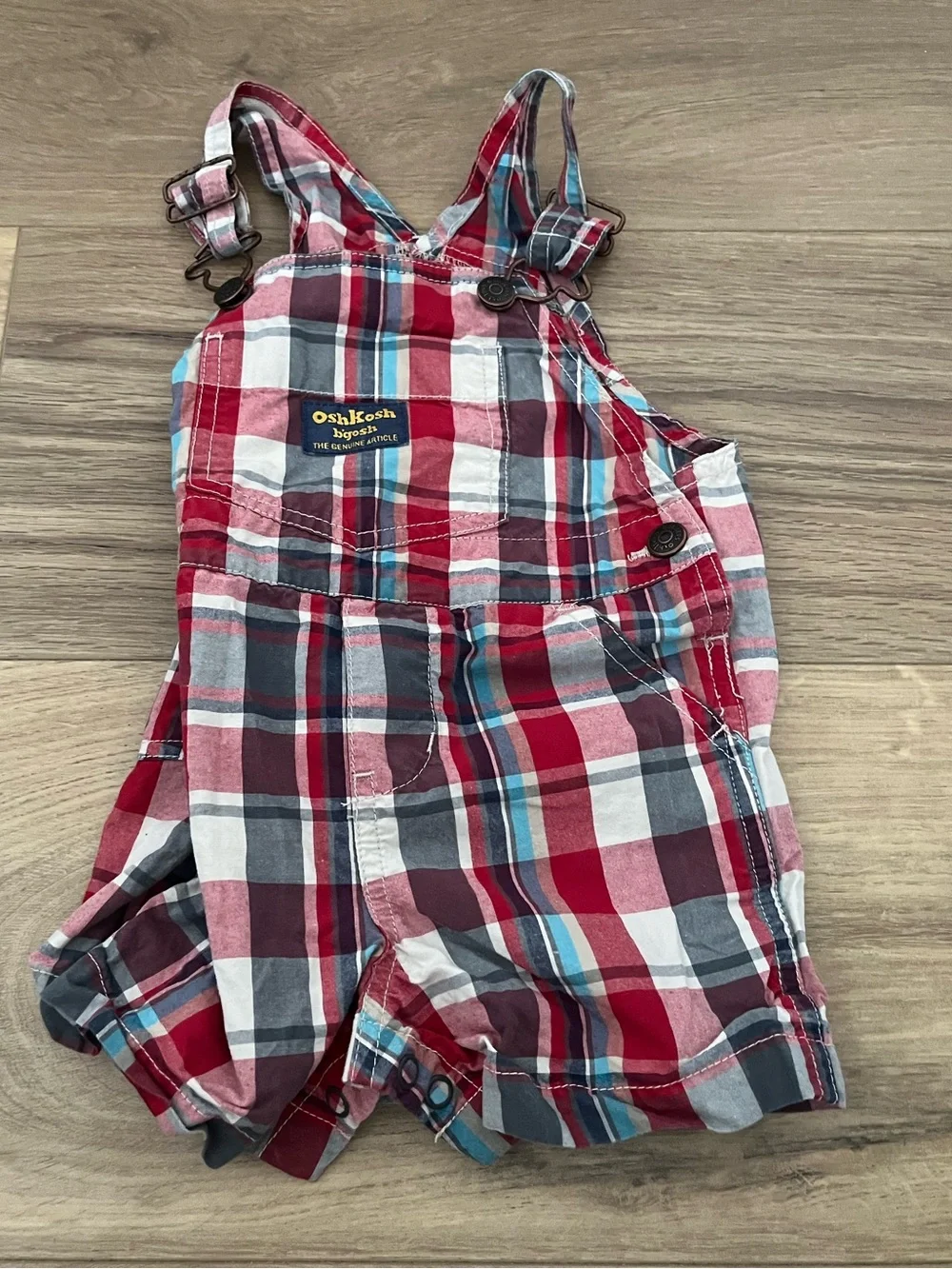 OshKosh B'gosh Red Plaid Shortall with Blue Accents